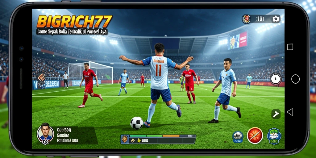 Screenshot utama BIGRICH77 menunjukkan pemain beraksi di lapangan sepak bola.