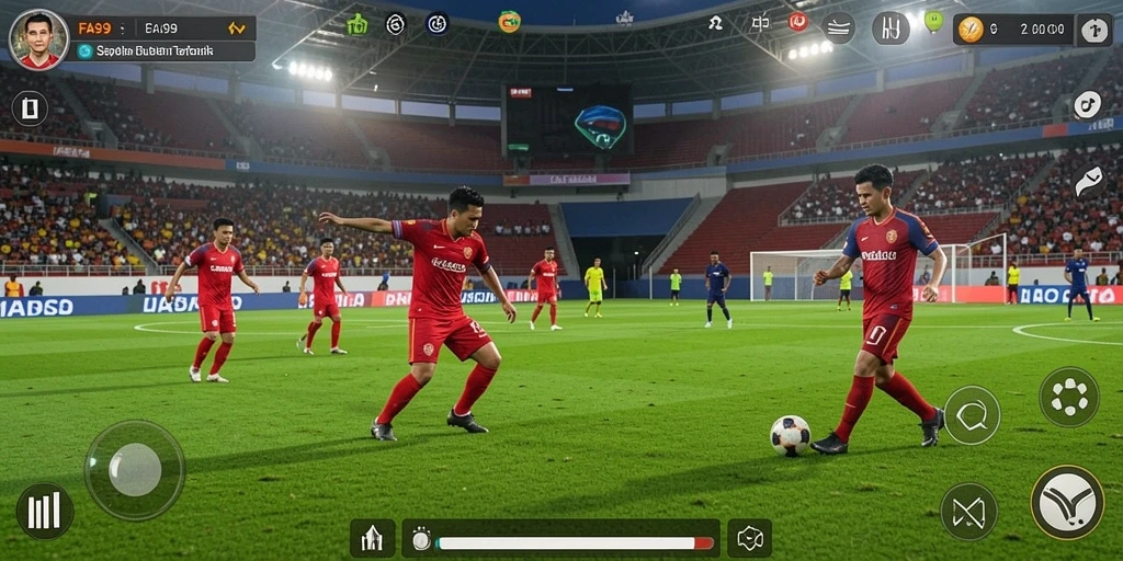 Tampilan gameplay FA99 yang penuh aksi dalam pertandingan sepak bola.