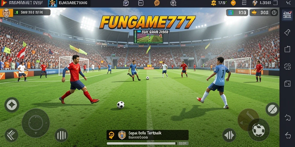 Screenshot gameplay FUNGAME777 menampilkan aksi seru di lapangan sepak bola.