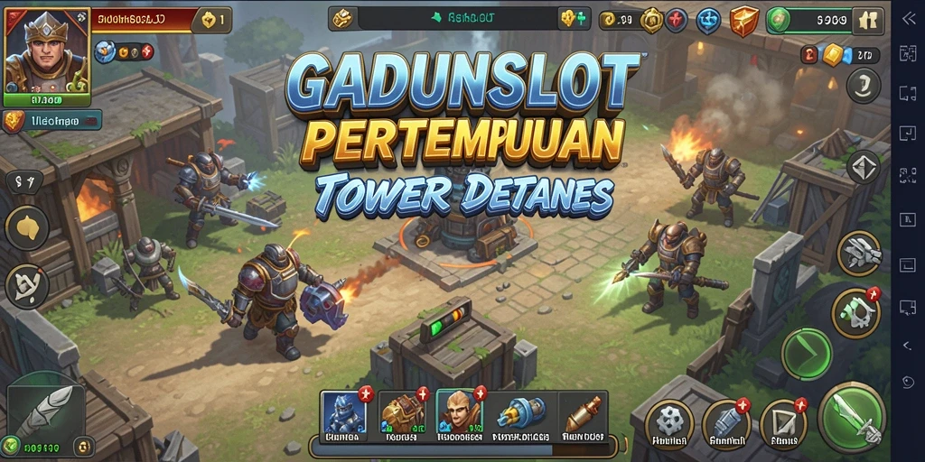 Tampilan gameplay GADUNSLOT dengan menara dan musuh yang dinamis.