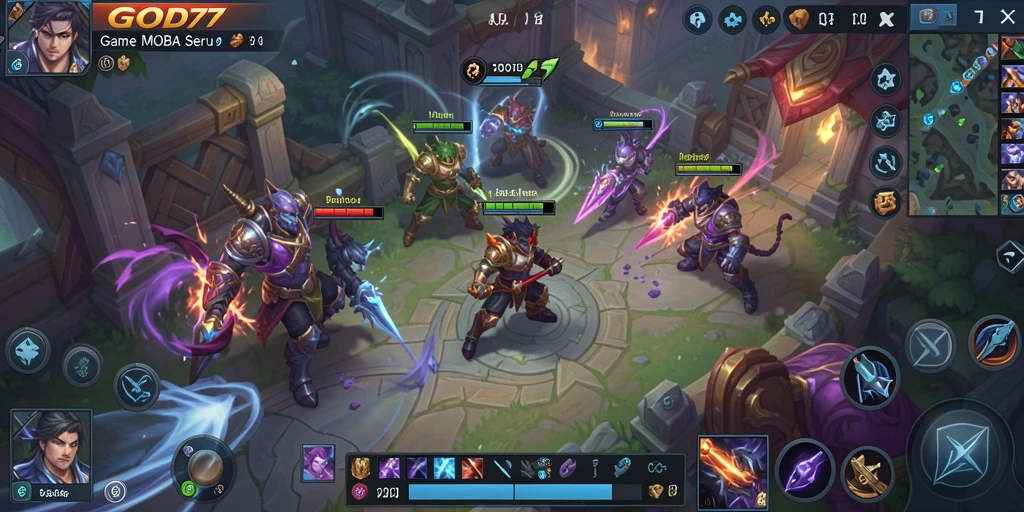 Tampilan gameplay epik dari GOD77 yang menampilkan pertarungan MOBA terbaik.