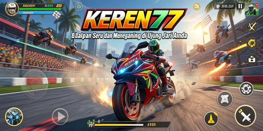 Tampilan gameplay seru KEREN77 dengan mobil yang melaju kencang.