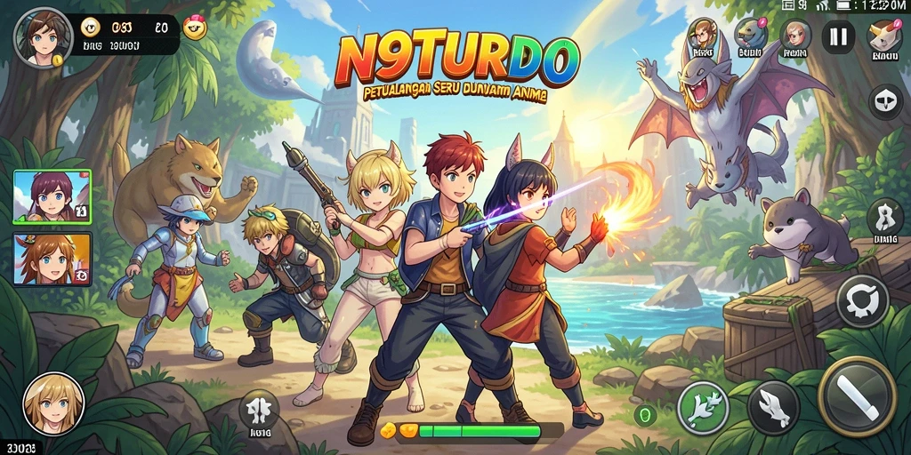 Tampilan gameplay N9TURBO yang penuh aksi dan karakter anime.
