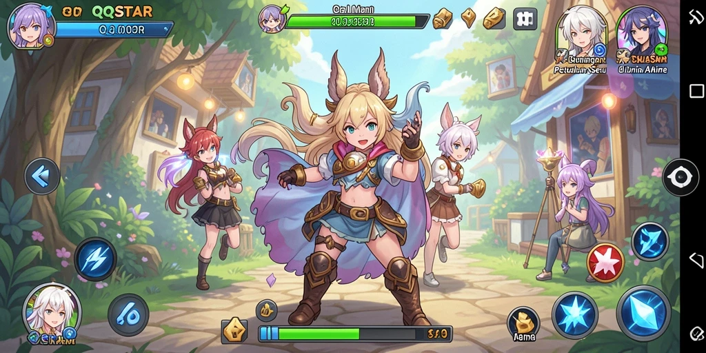 Tangkapan layar gameplay QQSTAR yang menunjukkan pertarungan karakter Anime.