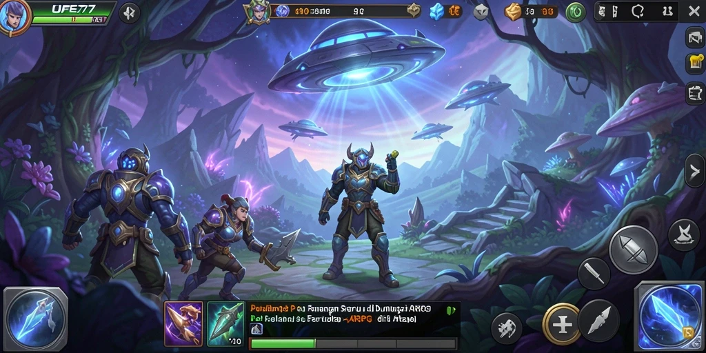 Screenshot gameplay ARPG UFO77 dengan aksi pertarungan yang mendebarkan.