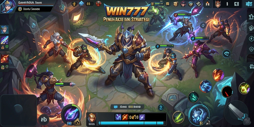 Tangkapan layar gameplay WIN777 yang menunjukkan aksi pertarungan tim.